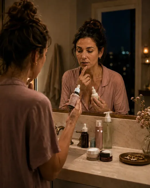 Mulher diante do espelho à noite escolhendo entre produtos de skincare.