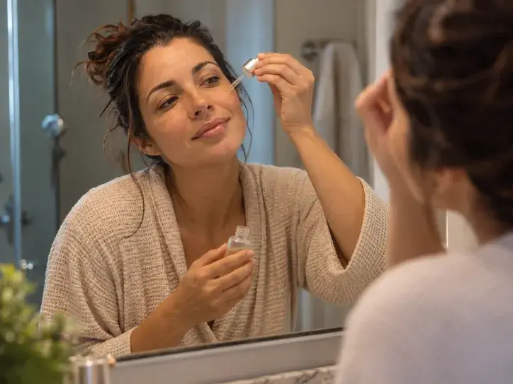 Mulher aplicando sérum durante sua rotina de skincare