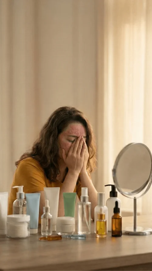 Mulher confusa com produtos