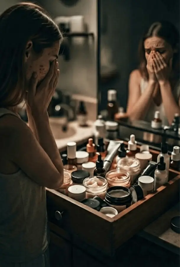 Bancada de cosméticos bagunçada